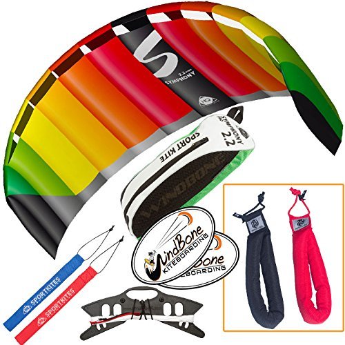 HQ Symphony Pro 2.2 Kite Rainbow Bundle (3 Items) + Peter Lynn Heavy Duty Padded Kite Control Strap Handles Pair + WindBone Kiteboarding Lifestyle Stickers