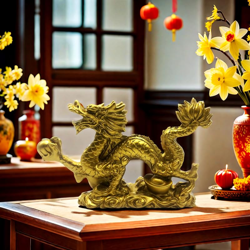 Estatua decorativa dragón chino feng shui dorada 9 pulg miniatura 4