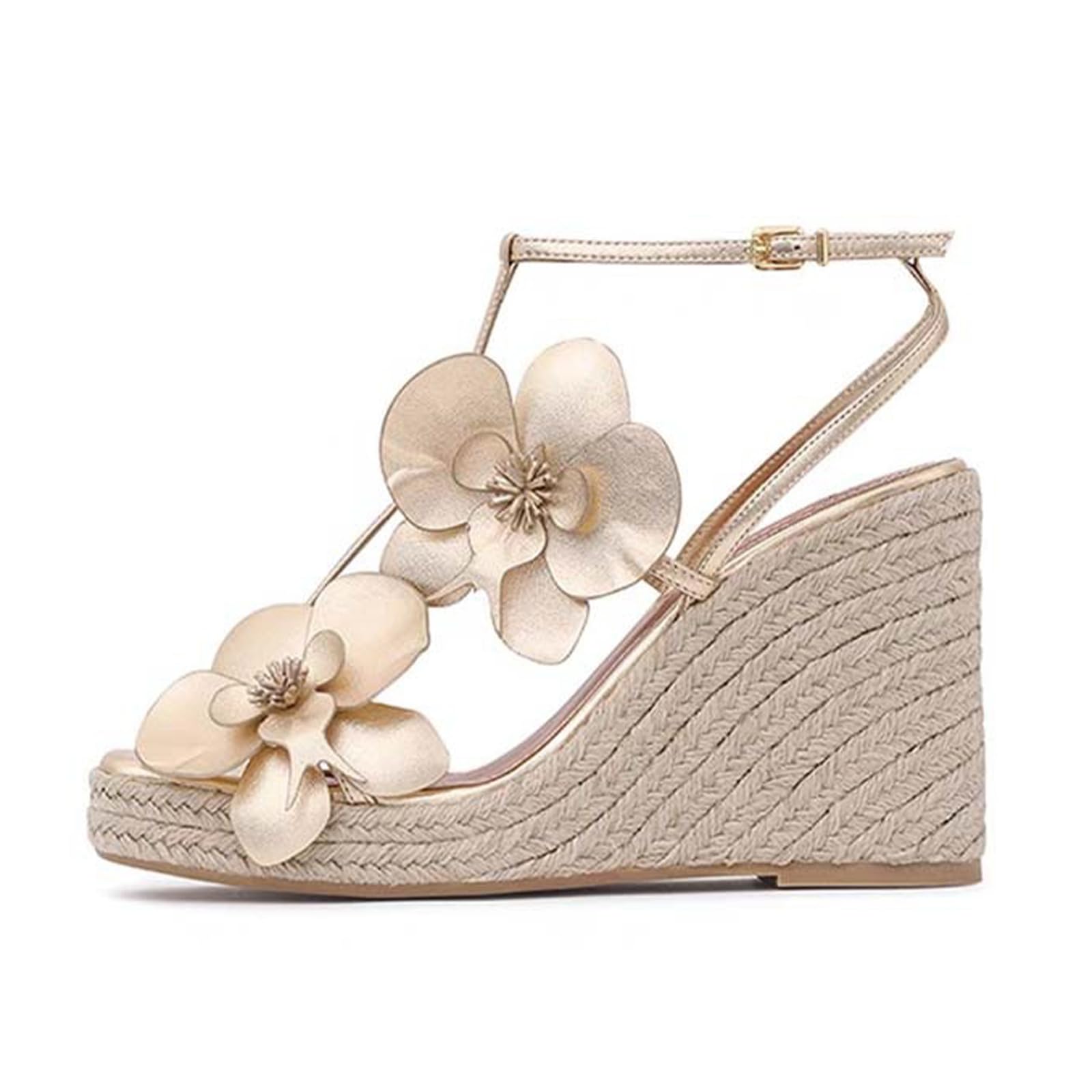 Sandalias de cuña punta cuadrada mujer diseño esparto plataforma suela gruesa detalle floral tira tobillo hebilla ajustable viaje vacaciones compras diarias