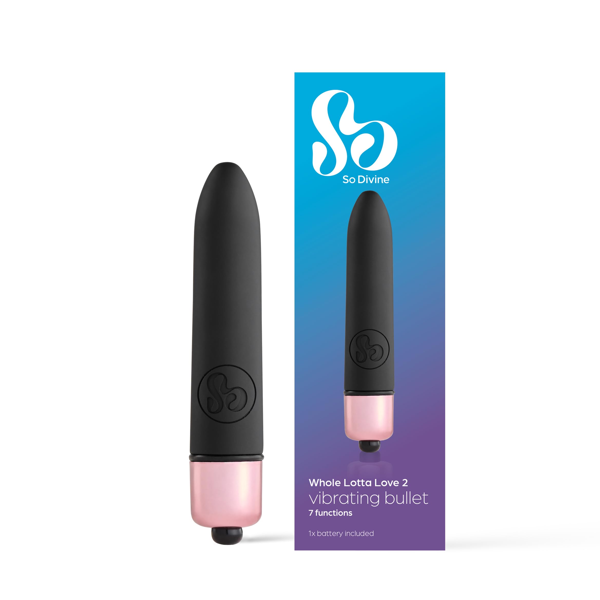 So Divine Whole Lotta Love Bullet Vibrator, 7 Functions, Super Smooth, 80mm Length, Black and Rose Gold