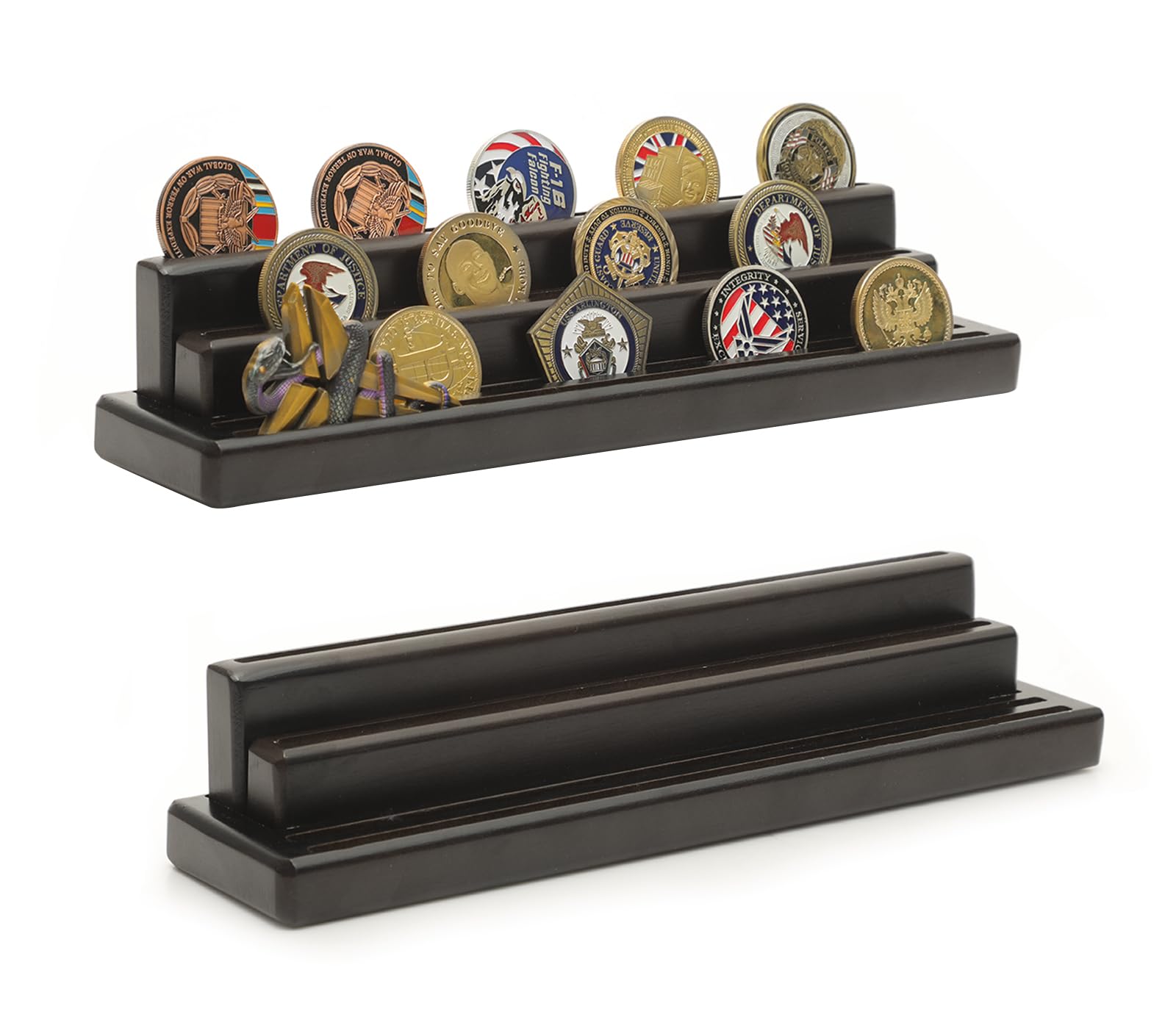 Gzsekken Display Coin Holder - Wooden Challenge Coin Stand(Coins Not Included) - Military Display Stand (4 Row-2 Pack)