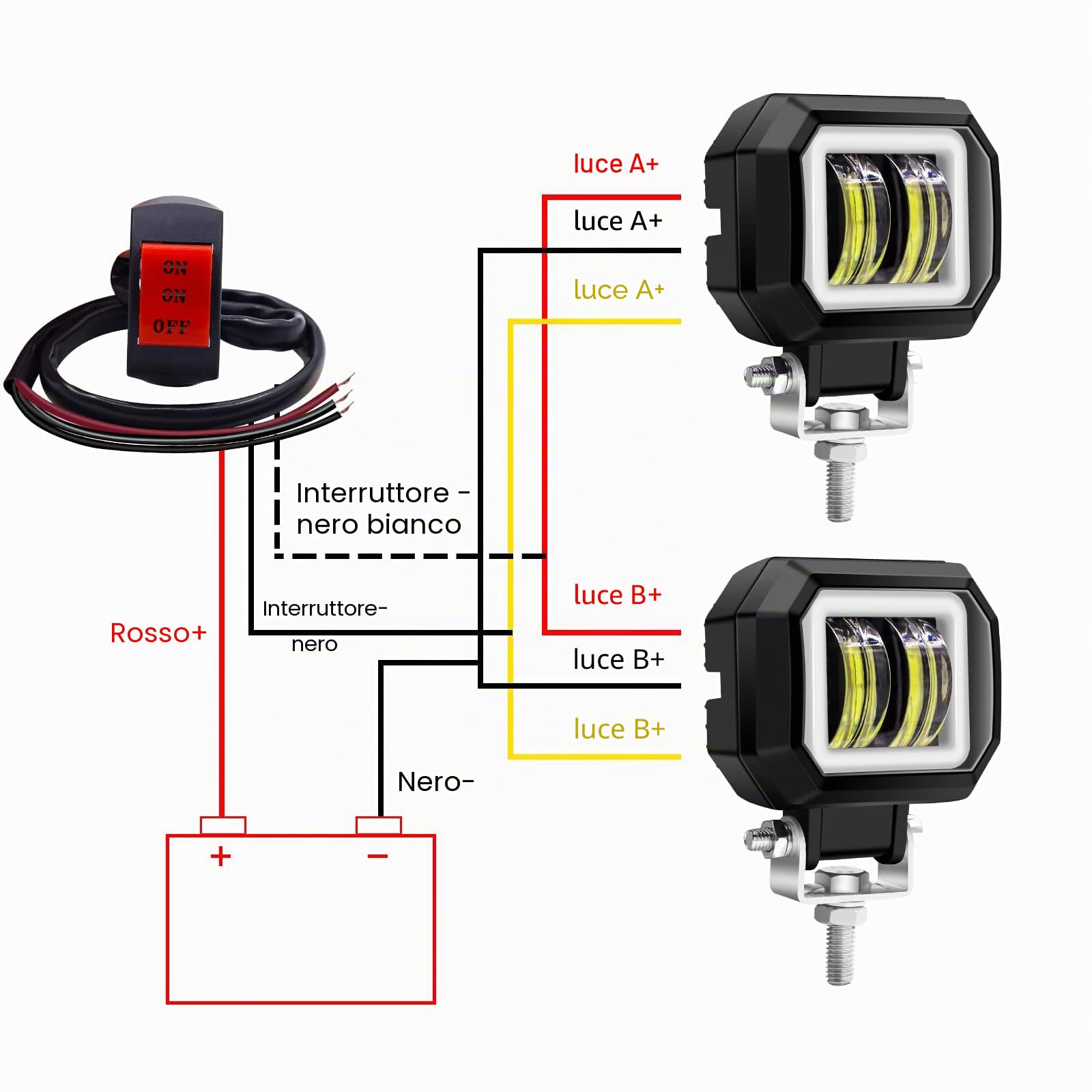 Biqing Faretti LED Moto bianca Angel Eyes,3 Pollici Quadrato 20W LED Fuoristrada Lampada da Lavoro 12V/24V Faretti Moto Supplementari Luce Ausiliaria DRL Con Interruttore Motos 22mm