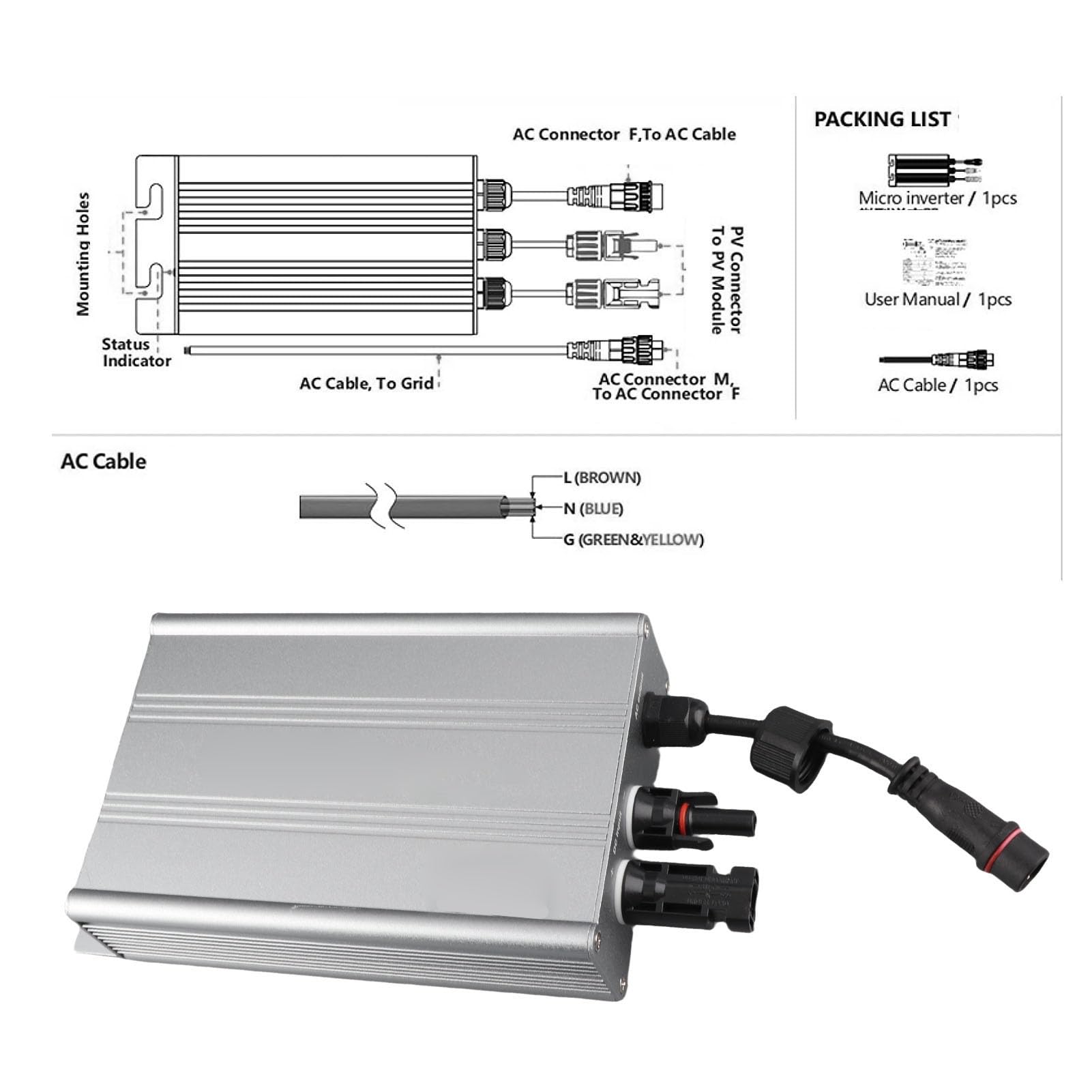 Micro Inverter AC230V con Collegamento Alla Rete Solare MPPT in Lega di Alluminio Impermeabile Automatico Inverter a Onda Sinusoidale Pura 700 W Converte la Corrente può l'alimentazione (500W)