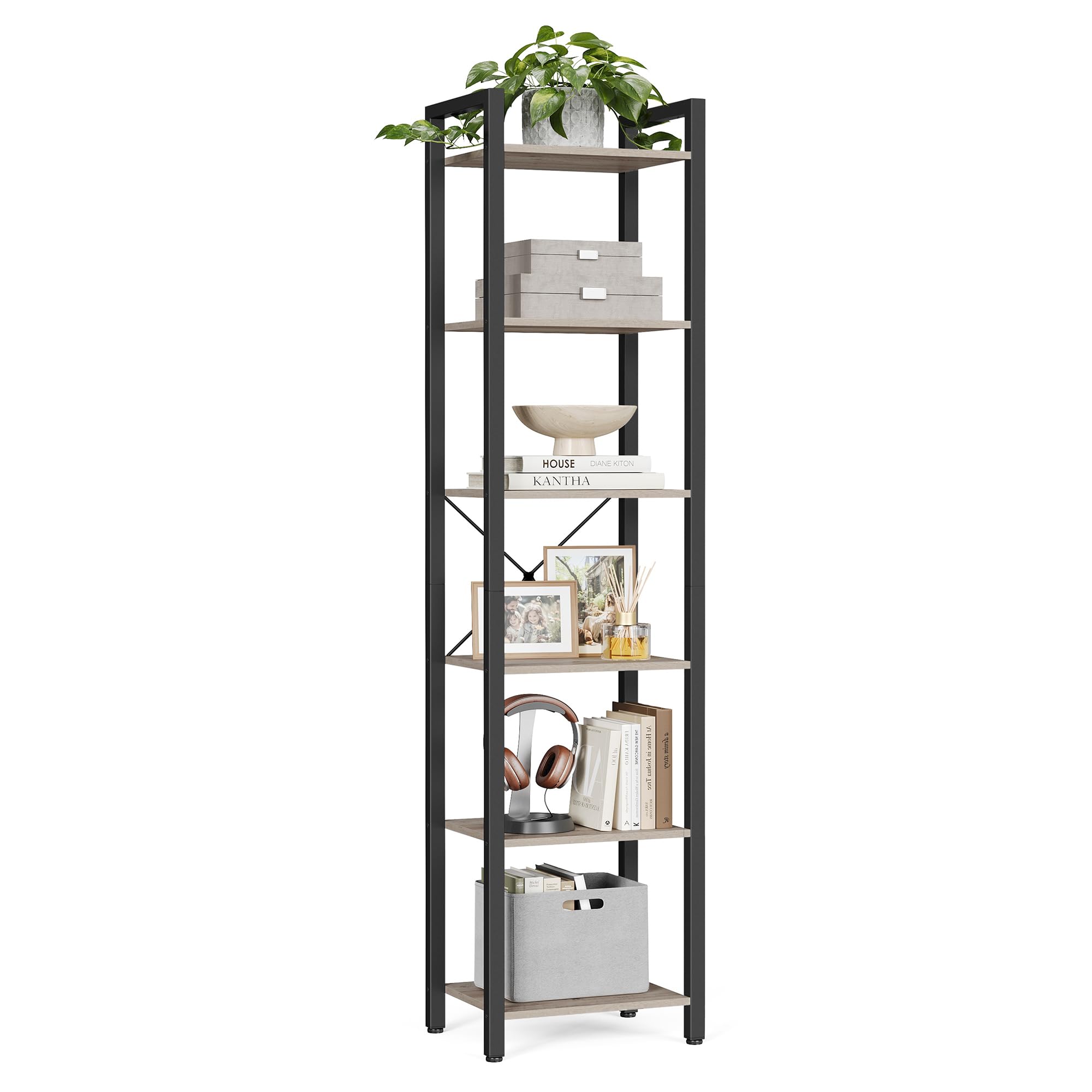 VASAGLE 6-Tier Bookshelf, Bookcase with Steel Frame, Book Shelf for Living Room, Home Office, Study, 11.8 x 15.7 x 73.2 Inches, Industrial Style, Heather Greige and Ink Black ULLS101B02 Heat