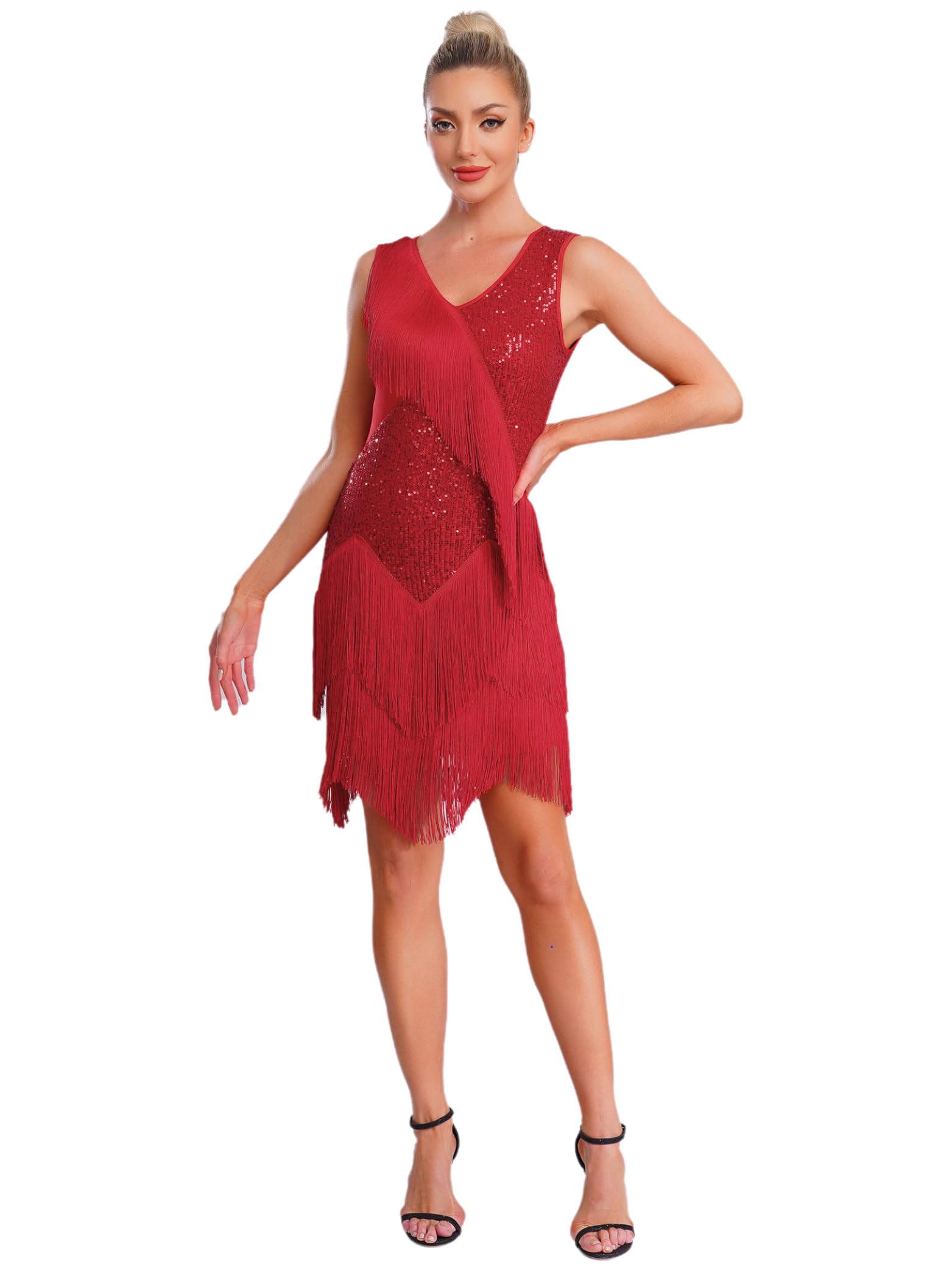 Femme Robe Danse Latine à Franges Paillette Tenue Danse de Salon Salsa Samba Rumba