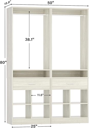 Miniatura 7 de Unikito Sistema de armario de 50 pulgadas, organizador de armario con 2 cajones de madera, organizador de armario con 2 varillas para colgar y 8