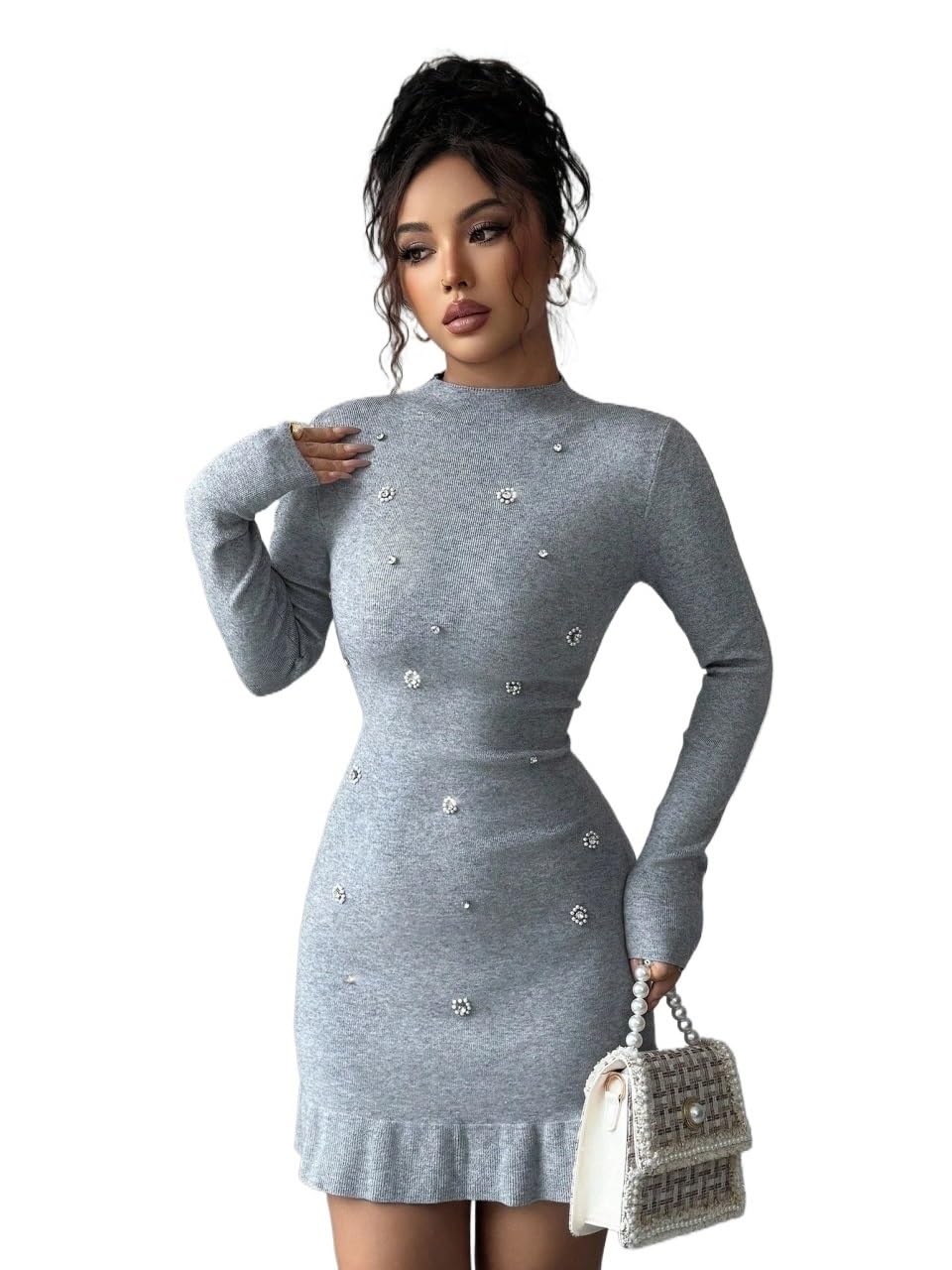 Womens Sweater Dress Winter Clothes Knit Studded Long Sleeve Fit Elegant Ruffle Hem Sweater Dress