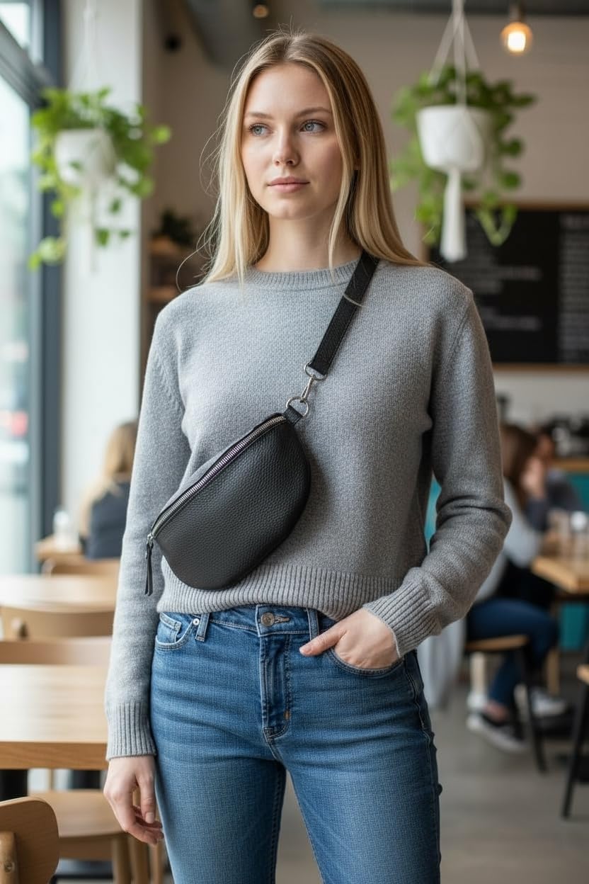 SH Leder ® AVA G292 Sac banane unisexe en cuir véritable - Petit sac bandoulière pour festivals, voyages - 23 x 12 cm