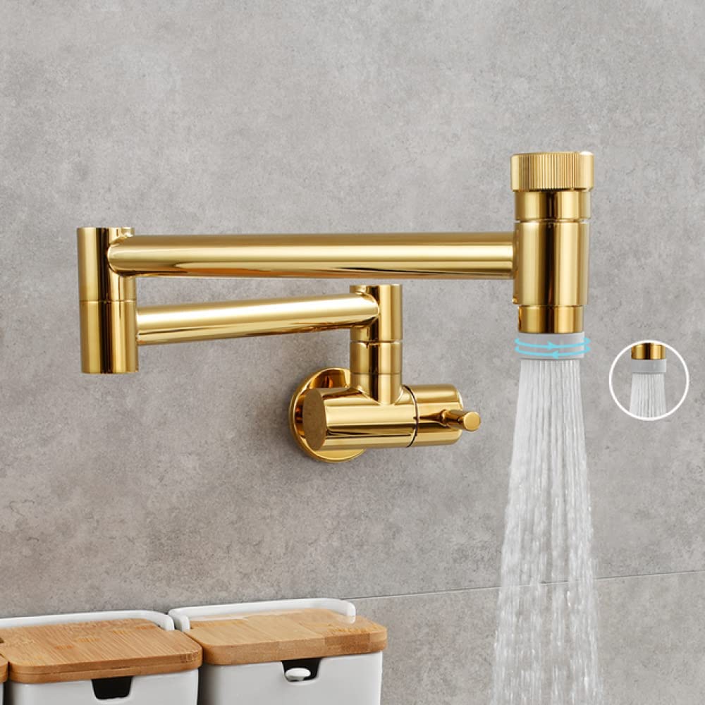 ASerZenith Wall-Mounted Kitchen Brass Universal Spout 360-Degree Rotating Telescopic Single Cold Sink Folding Gold Faucet Pot Filler Tap,B1