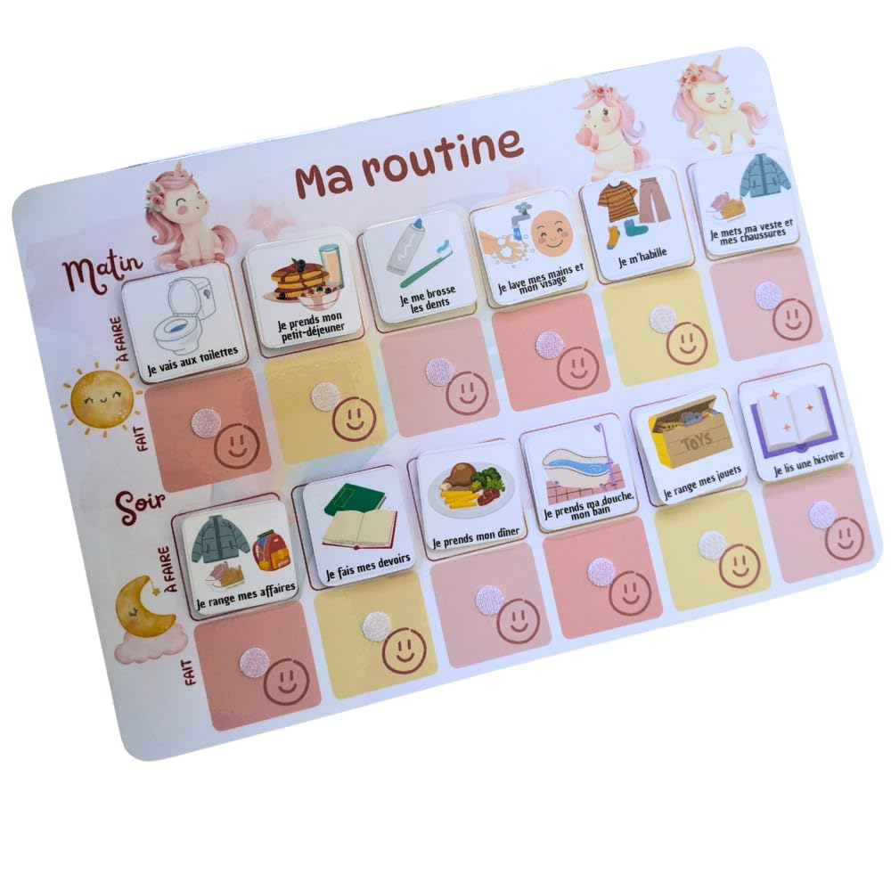 Licorne Tableau routine enfant Planning matin soir Calendrier tâches rituels 30 étiquettes
