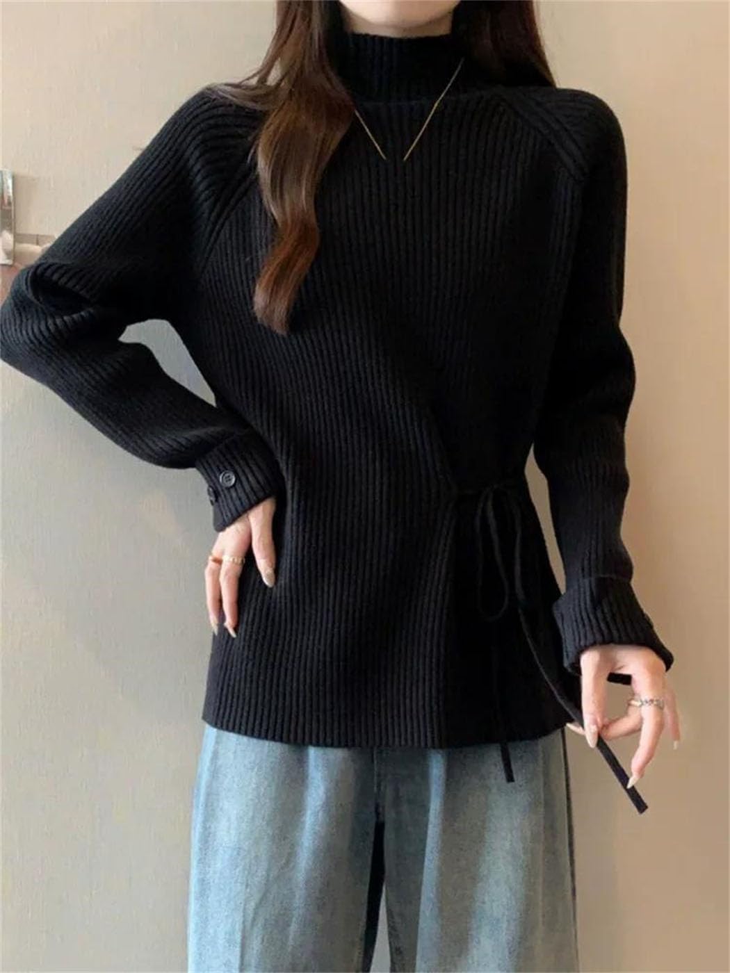 Sweter Damski Z Dzianiny, Z Półwysokim Dekoltem, Sznurowany, Z Długim Rękawem, Luźny, Swobodny, W Stylu Koreańskim-Black-Medium