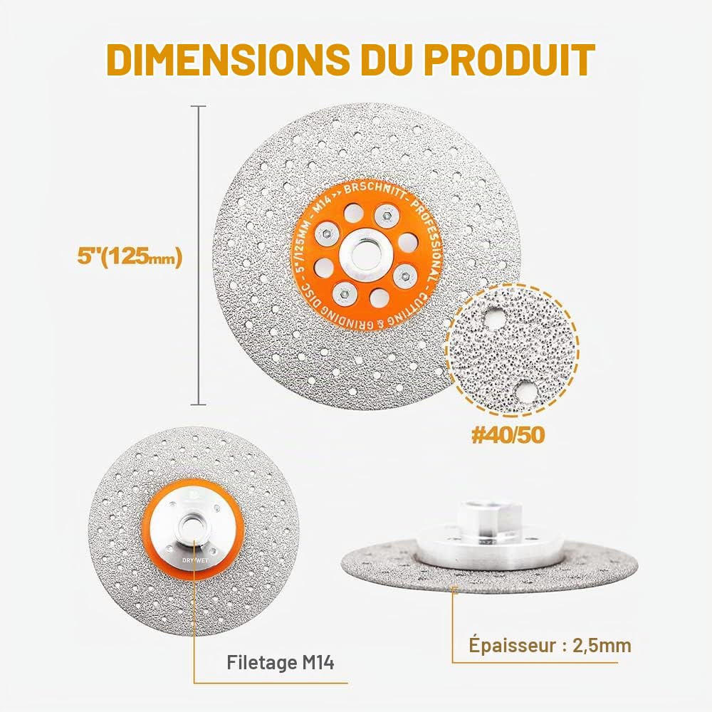 Disque Diamant 125mm BRSCHNITT Lame de Meulage de Coupe de Diamant pour Coupe et Meulage Pierre Granit Marbre Tuile（Lot de 2）