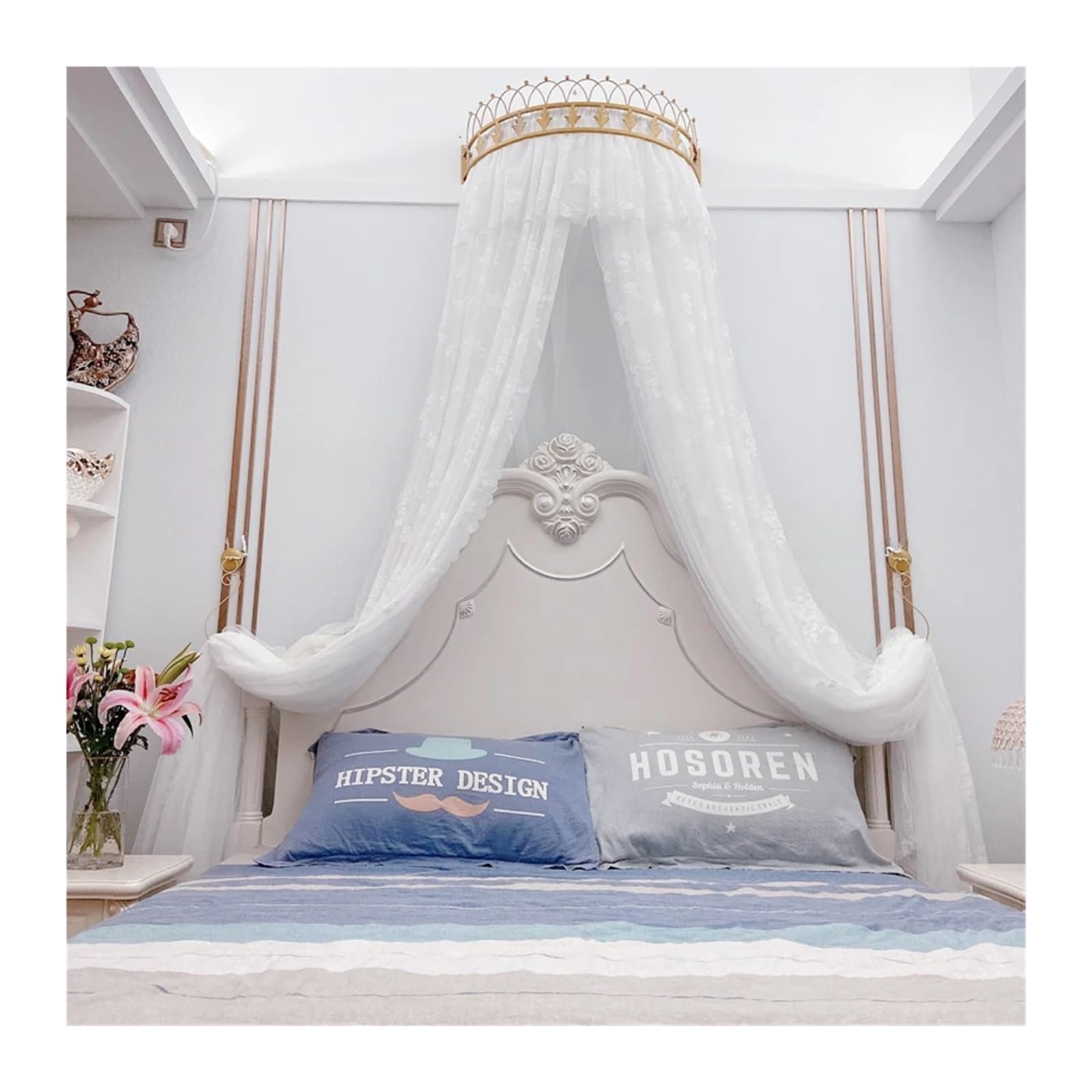 KiddiBubzi Princess Bed Canopy Bed Curtain Girl Children Room Decor Bedside Yarn Net Romantic Princess Tents Bed Canopy Valance(Crown white curtain,1.5m (5 feet) bed)