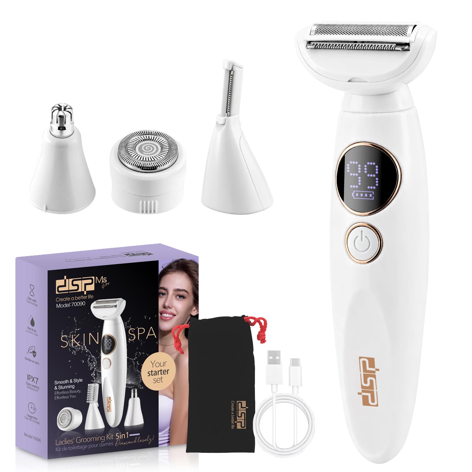 DSP Afeitadora eléctrica 5 en 1 para mujer, impermeable, sin dolor, con accesorios para nariz, cejas, bikini, recargable por USB, kit de aseo para mujer, para cara, piernas, brazos