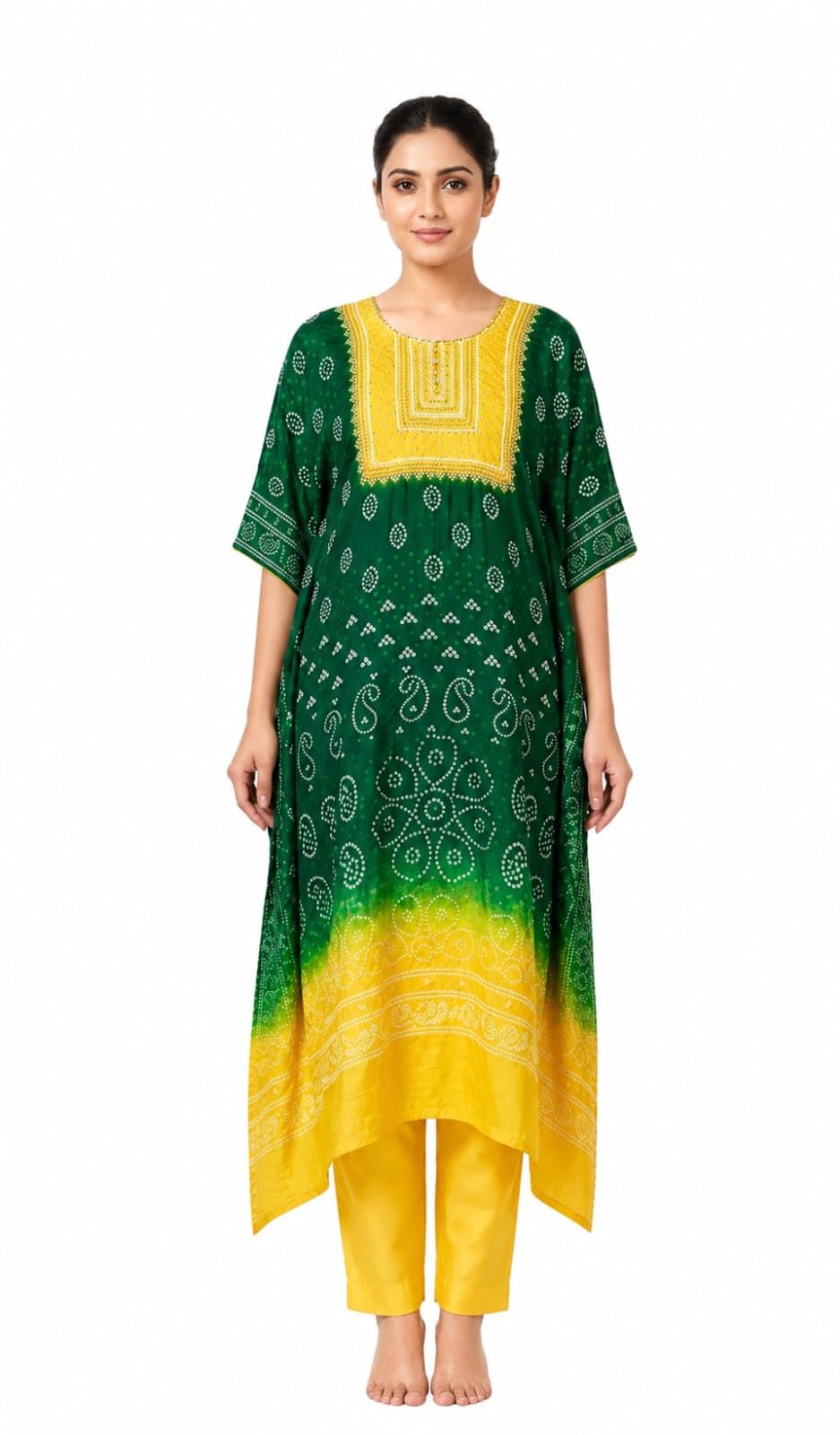 Bandhani Kaftan Set with Straight Pants for Women, Green and Yellow, Sequin Embroidered Yoke Size Medium-image-22