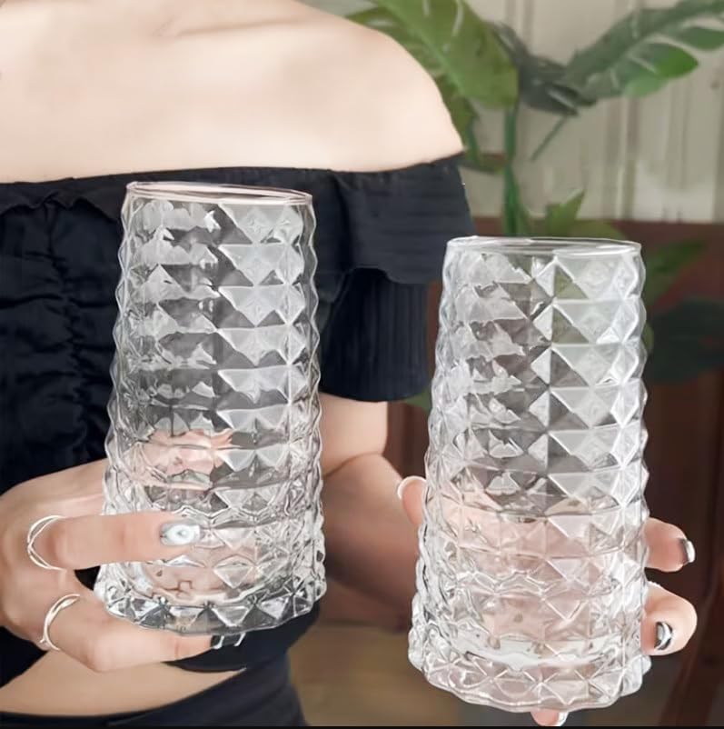 Image of Premium 450ML Water - Juice Glasses Drinking Glasses Set of 2, Highball Lead-Free Glasses, Tumblers for Water, Juice, Beer, Cocktail and Mixed Drinks (Daimond Cut Glass - A, Set of 2)