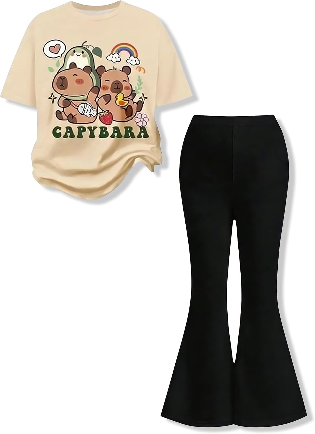 Ayzozuy Tween Girls 2 Piece Outfits Short Sleeve Cartoon Graphic T-Shirt & Flared Pants Kids Clothing Set Size 8-13 Years