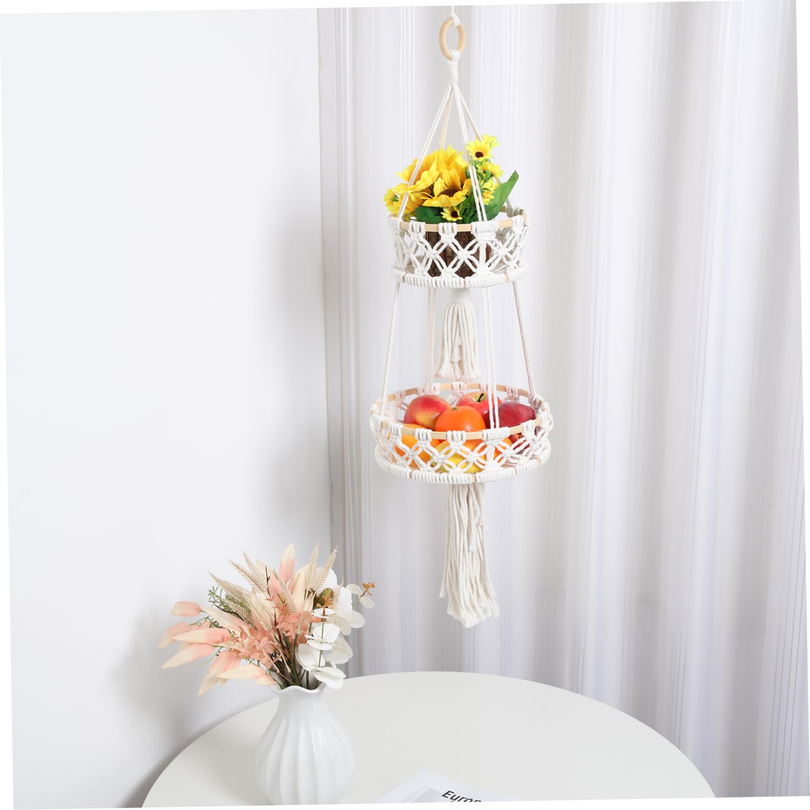 POPETPOP Panier Suspendu Décoratif en Corde de Coton et Bambou Double Couche Beige pour Rangement la Maison et Chambre, Design Élégant Moderne et Fonctionnel