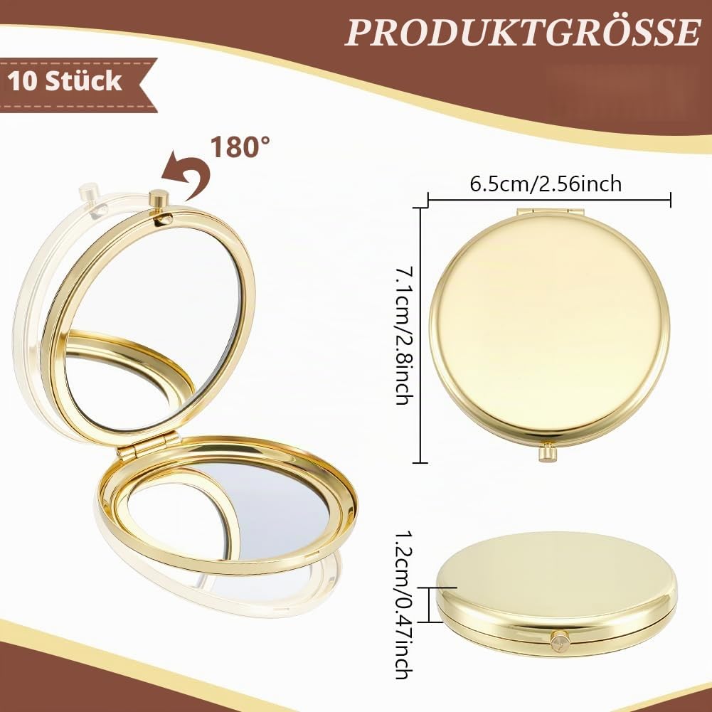 arricraft 10 Stück Kleiner Faltbarer Make Up Taschenspiegel Goldener Doppelseitiger Runder Metallspiegel Mit 1 Facher/2 Facher Vergrößerung Für Frauen Und Mädchen Reisen Arbeit Date