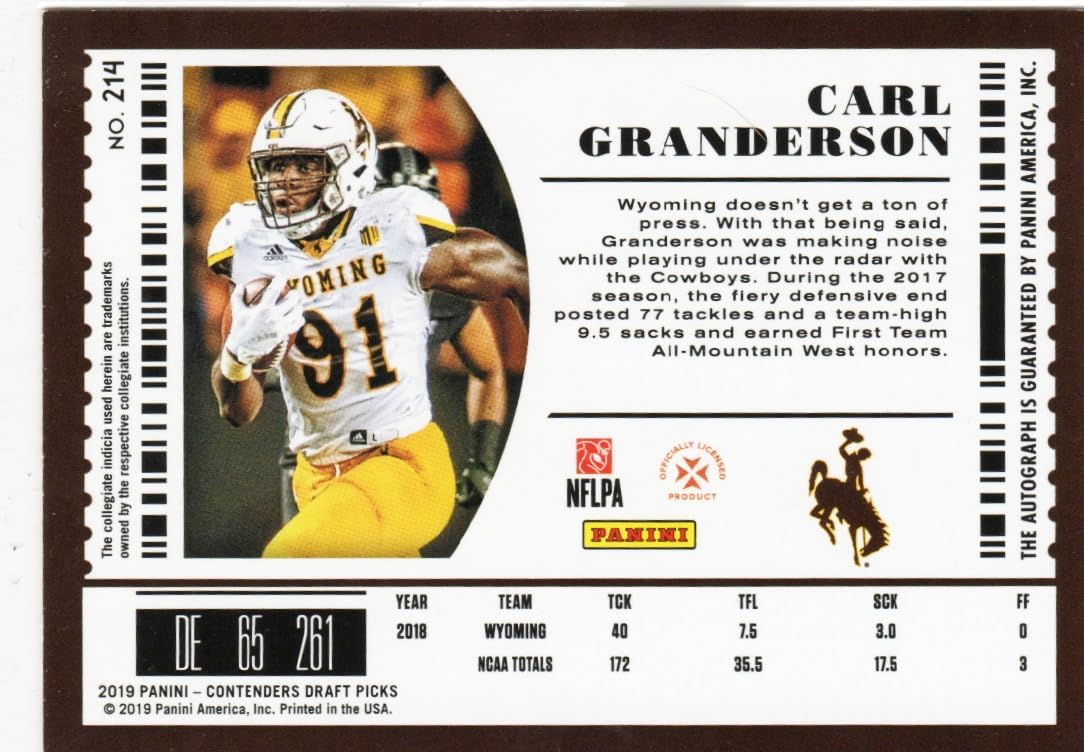 Carl Granderson Autographed College Ticket Rookie Card - 2019 Prizm Draft Picks Football Card #250 (Cowboys)
