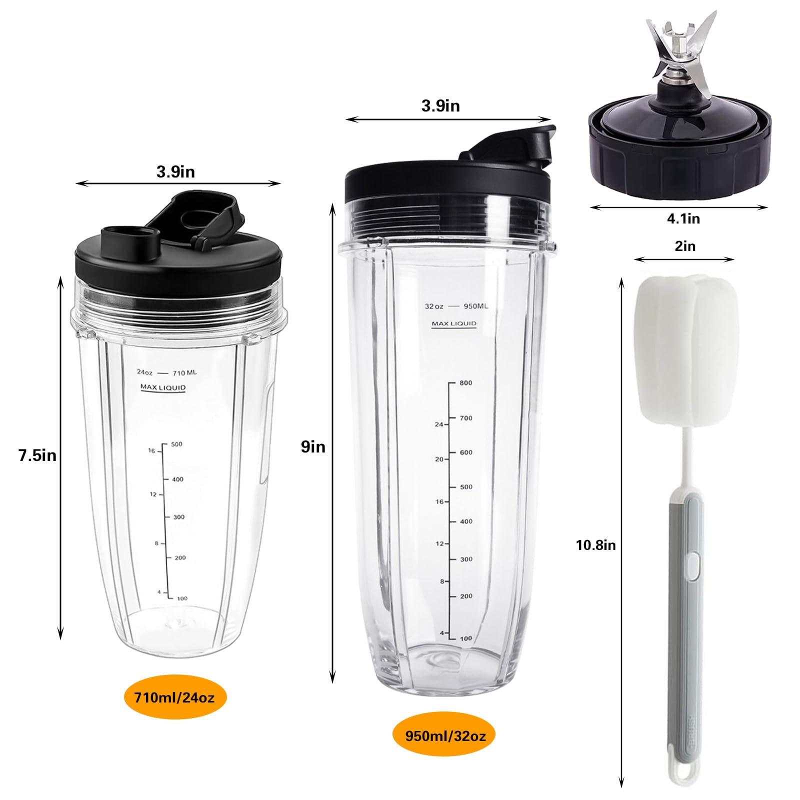 6 sztuk części zamiennych do blendera - 2 kubki do miksowania 24oz / 2-częściowy kubek do sokowirówki 710 ml + szczotka do czyszczenia z 2 przenośnymi pokrywkami + zapasowe ostrze sokowirówki