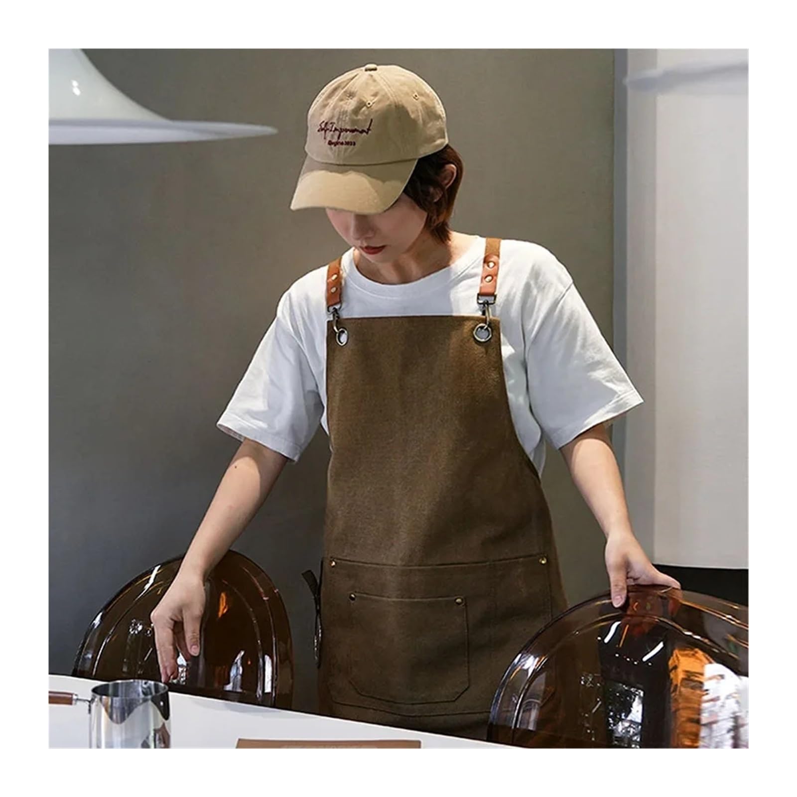 Tela Grembiuli Grembiule da lavoro in tela impermeabile ispessita for cameriere barista parrucchiere uomo donna bavaglino incrociato cucina ristorante bar