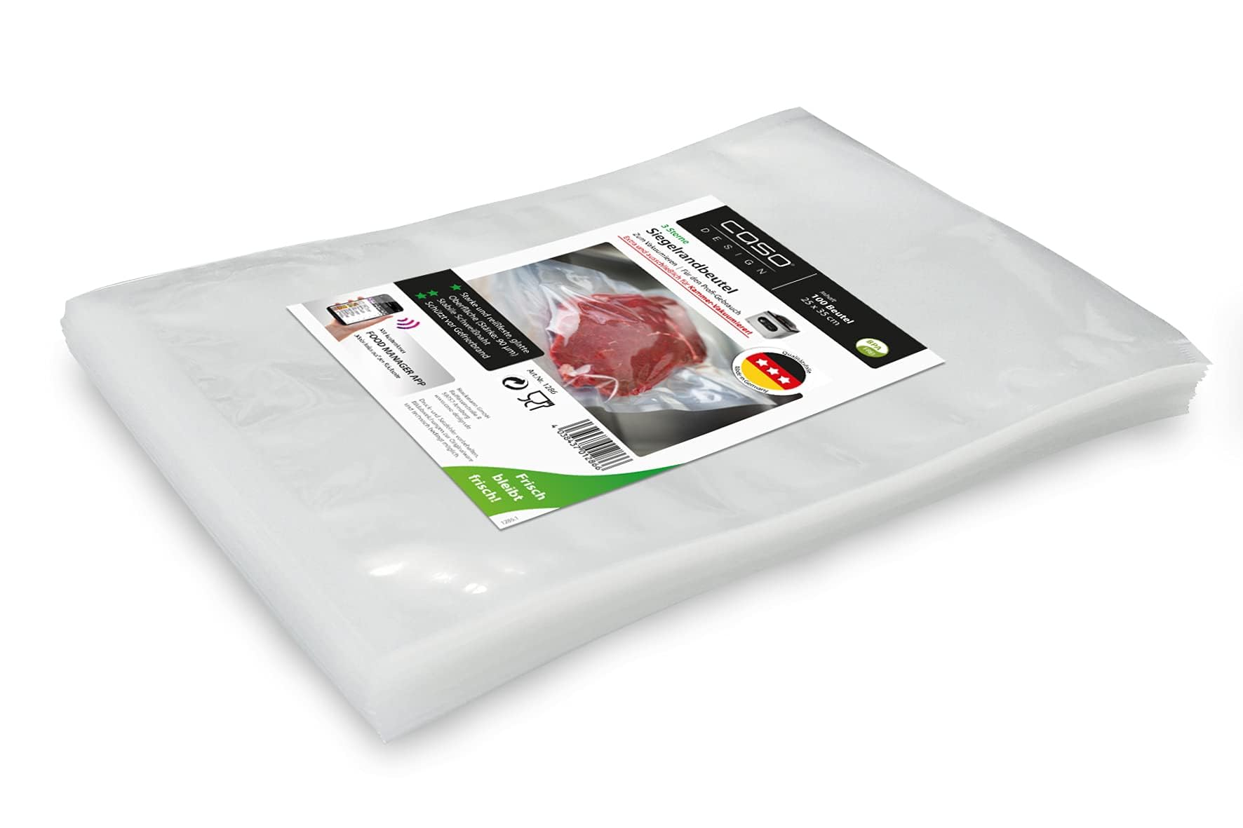 CASO Linea 3 Stelle Sacchetti Sottovuoto per Alimenti, 100 Buste 25 x 35 cm per macchine a campana, adatti alla cottura Sous Vide, senza BPA, spessore 90 μm, Made in Europe