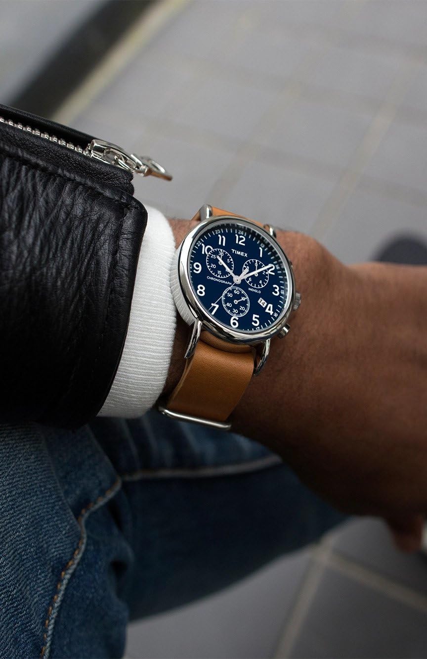 Side view of Timex Weekender Chronograph watch showing the crown and pushers