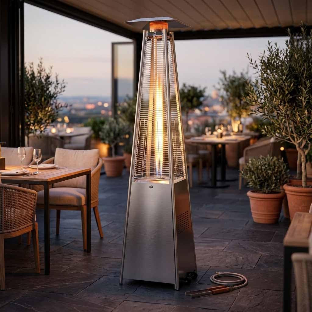 Suinga Estufa de Gas para Exterior Tipo Pirámide | Potencia Regulable 5.000-13.000 W | Compatible con Butano y Propano | Tubo de Vidrio y Llama Visible | Acero Inoxidable