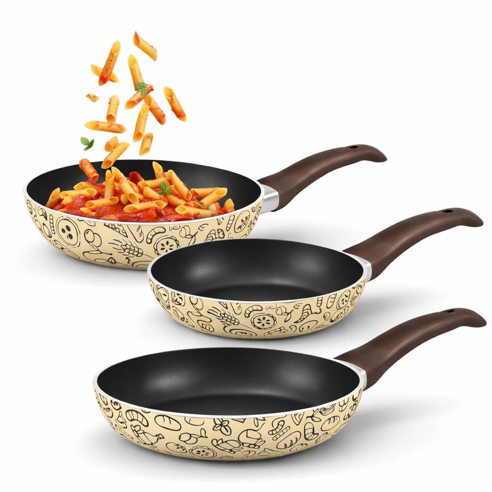 BAKAJI Tris Padelle Pastella da 20-24 - 28 cm con Fondo Antiaderente Cottura Uniforme e Omogenea, Manico Soft Touch, Padella Ideale per Cucinare Rapidamente, Adatto a Piani Cottura Gas