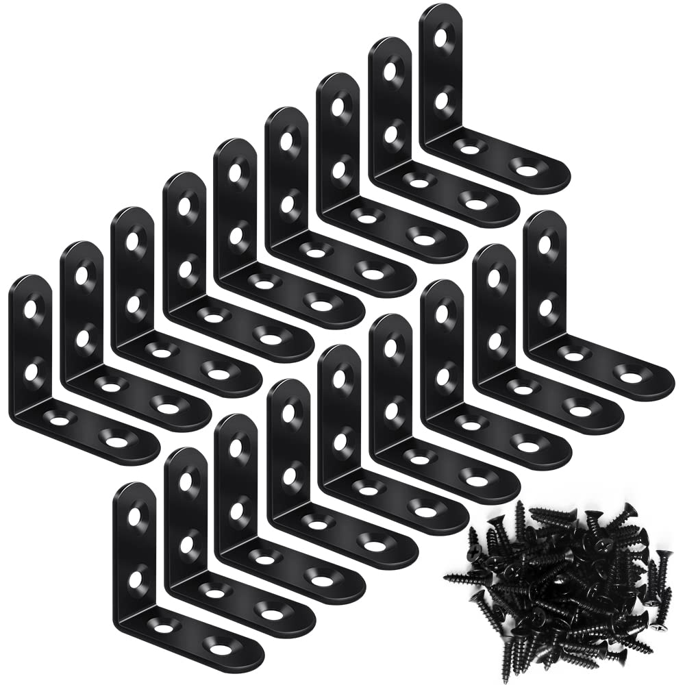 40PCS L Bracket, Metal Black Corner Brace, Stainless Steel Joint Right Angle Bracket Fastener for Wood Chair Bookshelf Furniture Cabinet with 80PCS Screws (20mmx20mm)