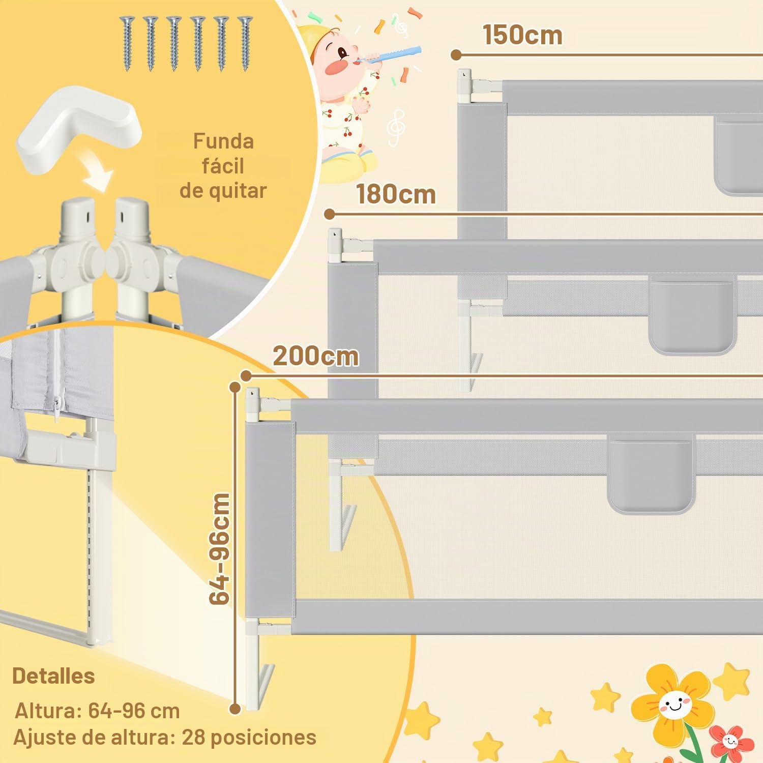 Ikodm Barrera para cama de 200 cm x 2 + 180 cm x 1, altura regulable 64-96 cm, para bebés y niños, con interruptor de doble botón, fácil montaje, color gris