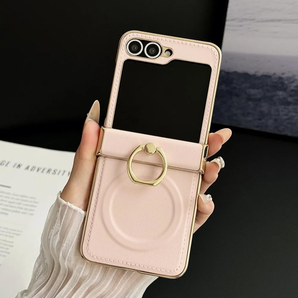Funda magnética de Cuero con Soporte de Anillo para Samsung Galaxy Z Flip 6, 5, 4 y 3, con protección de bisagra, Color Rosa, para Samsung Galaxy Z Flip3 5G