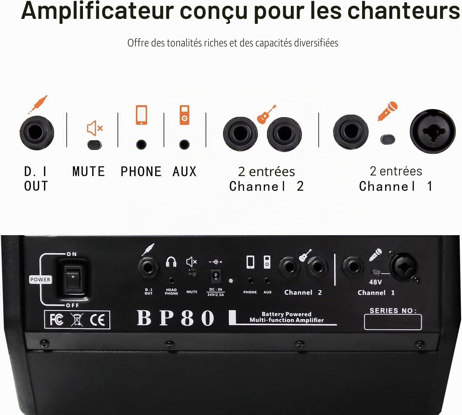 BP80 Amplificateur de guitare acoustique à piles - Haut-parleur Bluetooth portable 100 W, 6 entrées, égaliseur 3 bandes, noir
