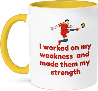 3dRose Soccer Text of I Worked on my Weakness and made Them my strength 11oz Two-Tone Yellow Mug
