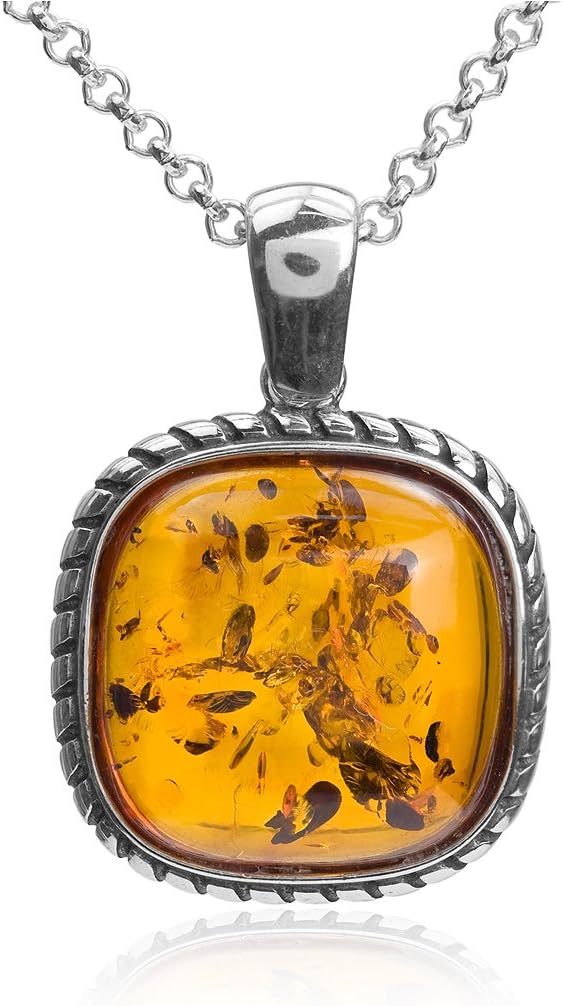 Ian and Valeri Co. Amber Sterling Silver Square Fishhook Earrings Pendant Necklace Set Rolo Chain 18 Inches