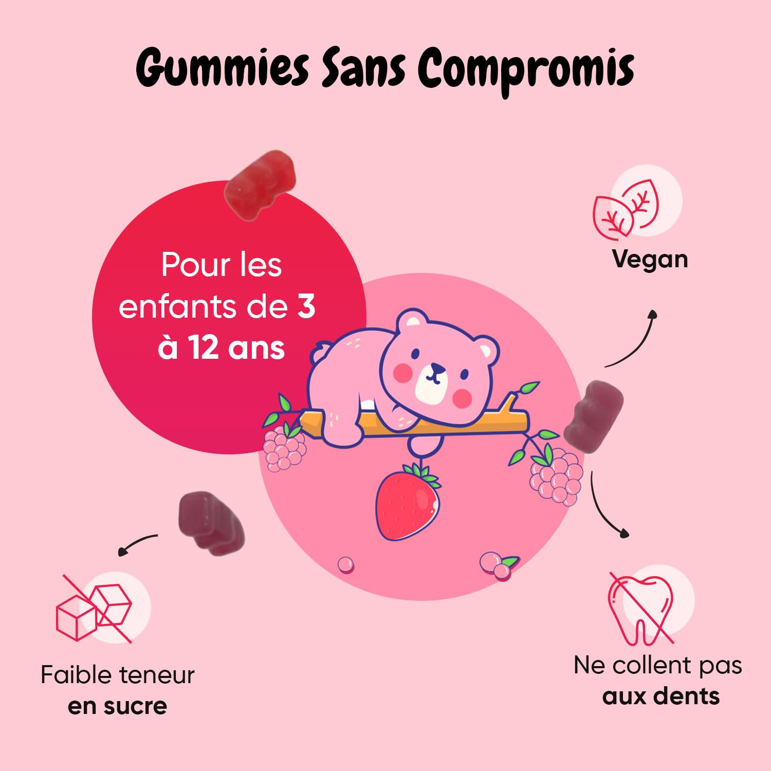 Omega 3 Enfants - 120 Gumies Omega 3 6 9 Vegan Goût Fraise & Framboise - Vitamines Enfants Gommes dès 3 Ans - Faibles en Sucre, sans OGM, sans Gluten ni Lactose à Partir d'Huile de Perilla (ALA)