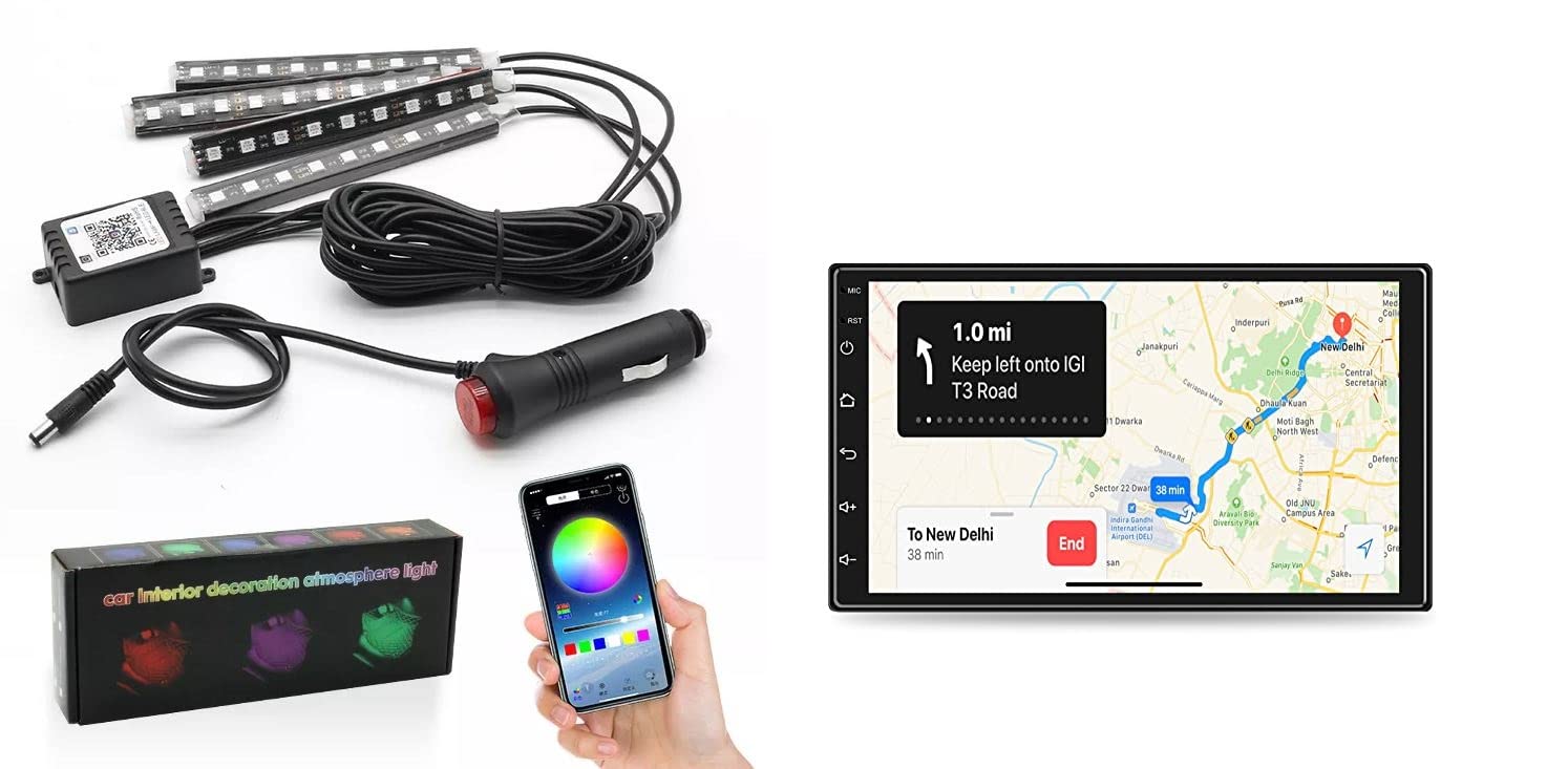 Riderscart Automotive Combo for Cars, 7 Inch Full HD 1080 Touch Screen Android 9.1 + Atmosphere Lights,12x4 Car LED Strip Light, 48 LED DC 12V Multicolour Interior Light LED