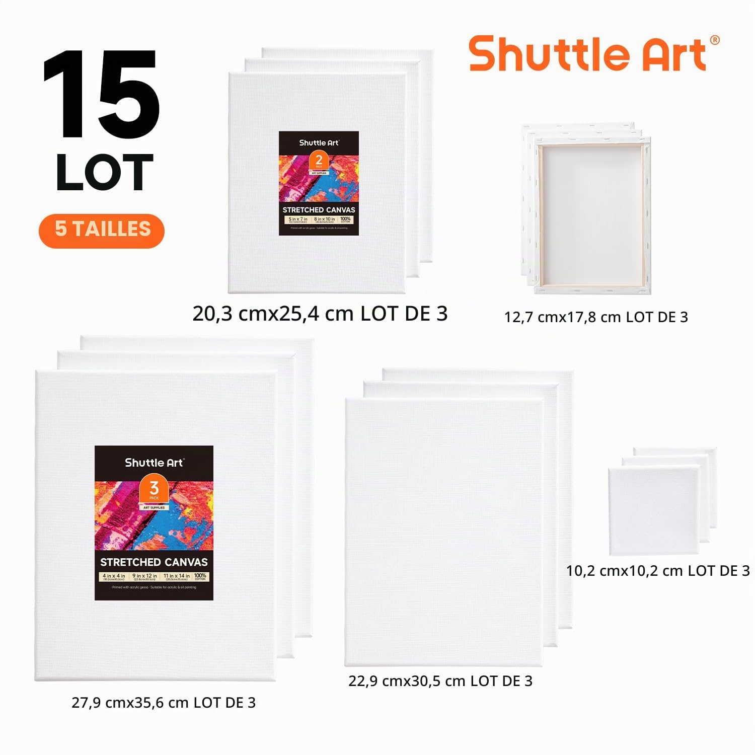 Shuttle Art Lot de 15 toiles tendues, 100 % coton, 12,7 x 17,8 cm, 22,9 x 30,5 cm, 27,9 x 30,5 cm (3 de chaque), 100 % coton, toile blanche apprêtée, toiles d'art pour peinture acrylique, peinture à