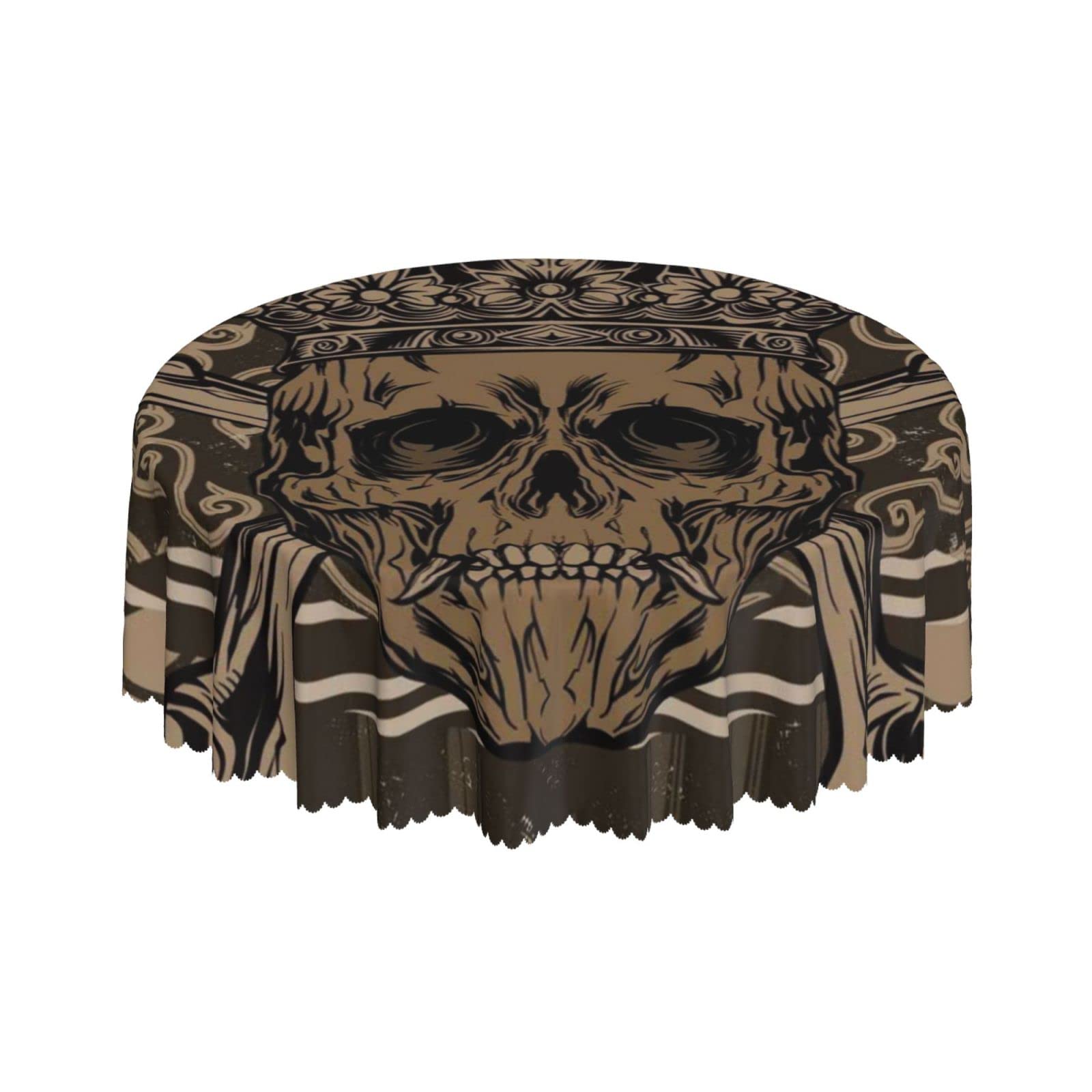 Lsjuee Skull Death Crown Brown Round Tablecloth 60 Inch Printed Washable Tablecloth for Dining Party Holiday Fall Home Decorative