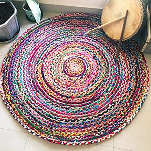 Image of Jute Braided Natural Hand Woven & Reversible Rug for Living Room Kitchen Entryway, Farmhouse Rustic Burlap Carpet Floor Mat (Cotton, 150cm)