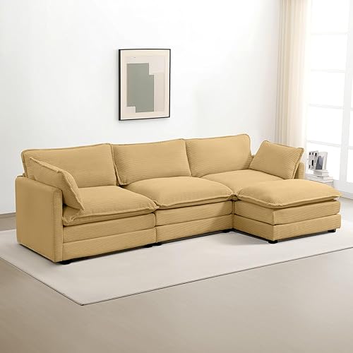ROWHY Oversized Modular Sectional Sofa with Movable Ottoman, 112 Inch 4 Seat Modern Corduroy Sofa Set, Convertible L Shaped Couch for Living Room and Office, Yellow