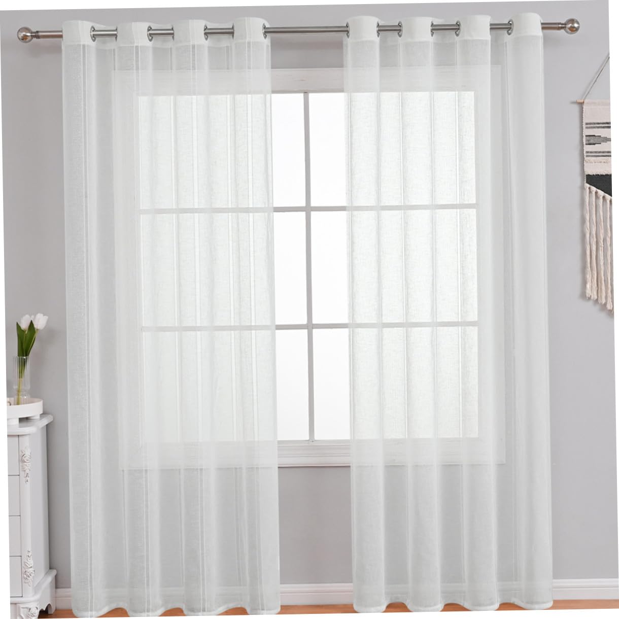 Cortina Visillo Semi-Transparente para Ventanas y Balcón Delicada con Rayas Plata Panel Opaco para Dormitorio y Baño Medidas White