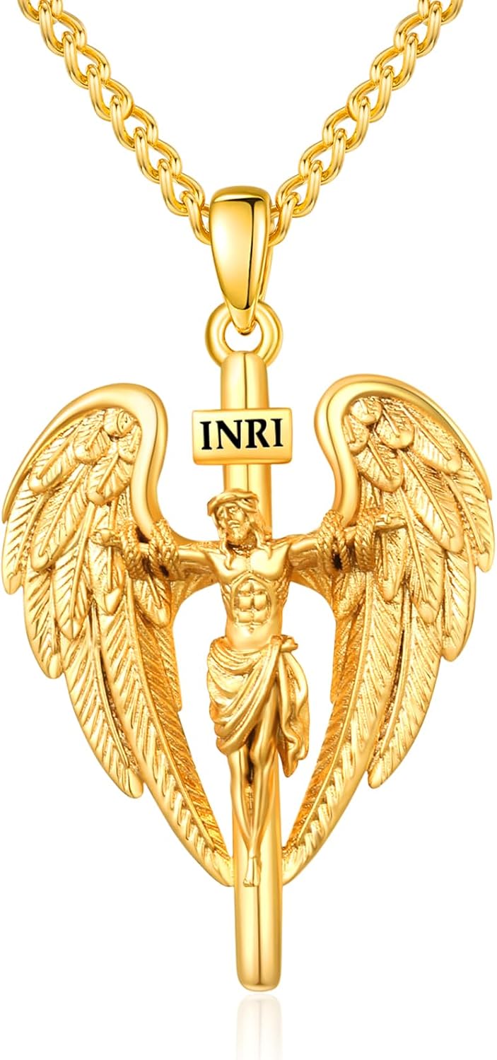 Crucifix Necklace for Men Gold Angel Wing Cross Jewelry Christian Religious Baptism First Communion Necklace Anniversary Birthday Gifts for Husband, Boyfriend, Father