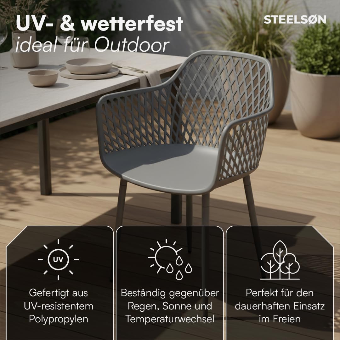 STEELSØN Quasira Gartenstühle 6er Set – Gartensessel wetterfest & UV-resistent – Outdoor Stühle für Balkon/Garten/Terrasse – Loungesessel Grau bis 120 kg – Schalenstuhl aus Kunststoff mit Armlehnen