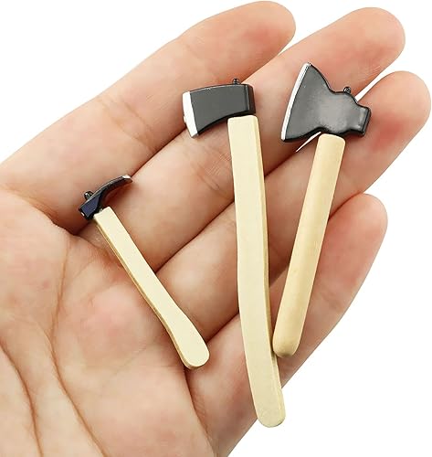 Miniatura 3 de Tegg Mini hacha 3 piezas de mango de madera en miniatura de metal hacha de hacha de metal para casa de muñecas al aire libre, accesorios de jardín