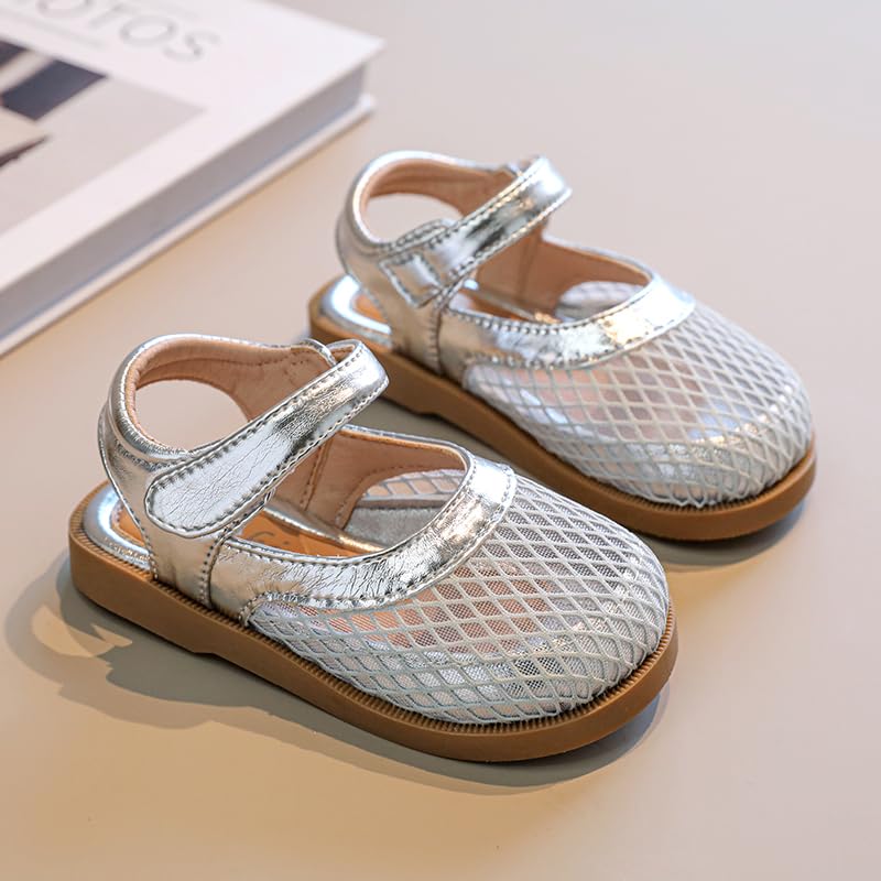 Toddler Girls Mesh Mary Jane Sandals, Hook and Loop Strap, Cream White with Brown Sole2