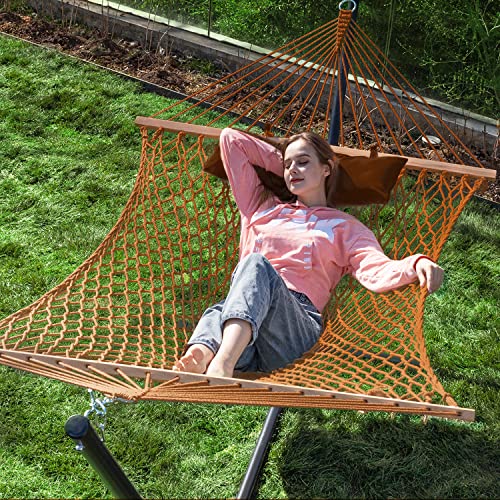 Pnaeut Max 475Lbs Capacity Double Hammock With Stand Included 2 Person Heavy Duty Traditional 2 People Rope Hammocks Stand With Pillow For Outside Porch Patio Garden Backyard Outdoor (Brown) #TOP7