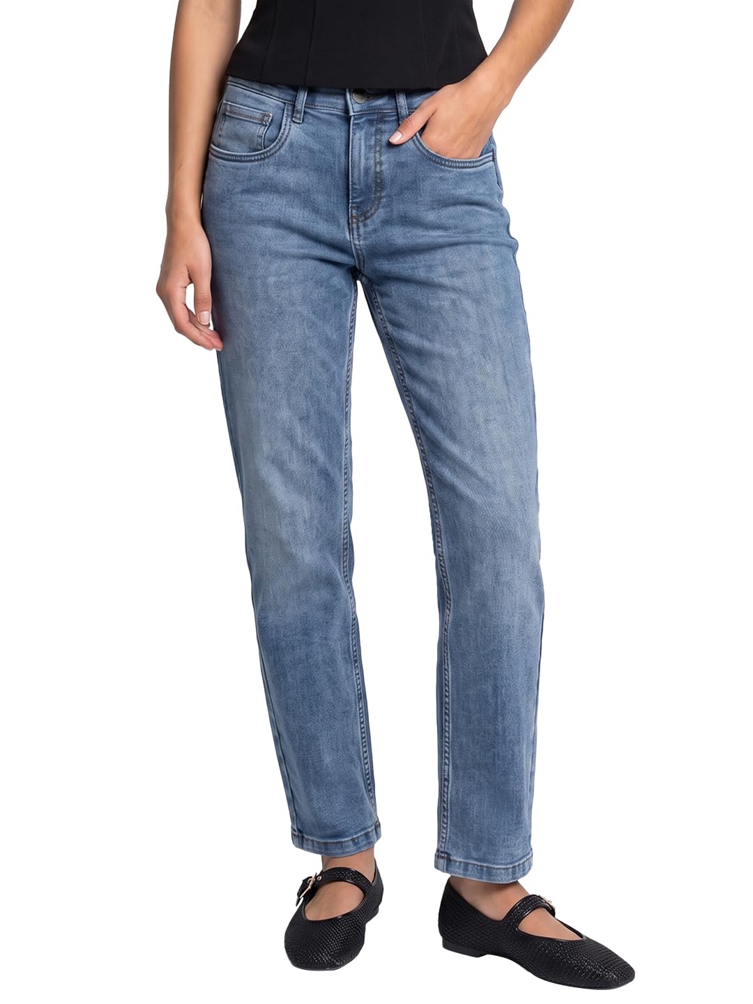 bewakoof Women's Washed Slim Straight Fit Polycotton Jeans-picture-10