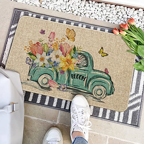 Artoid Mode Spring Is In The Air Decorative Doormat, Seasonal Tulips Truck Spring Holiday Low-Profile Floor Mat Switch Mat For Indoor Outdoor 17 X 29 Inch #TOP20